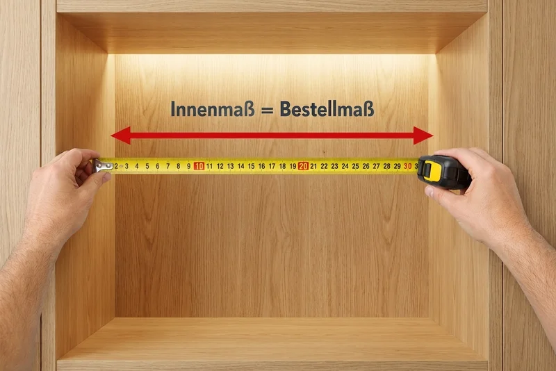 Innenmaß gleich Bestellmaß: Maßband zeigt die lichte Weite eines Schrankfachs