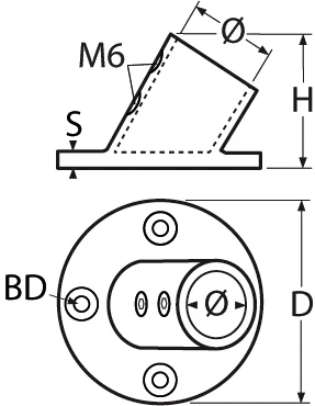 Relingfuß mit runder Grundplatte, 60° – 70mm, für Rohr 25mm, schwarz matt - Bild 2