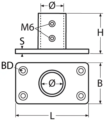 Relingfuß mit rechteckiger Grundplatte, 90° – 81x48mm, für Rohr 25mm, schwarz matt - Bild 2