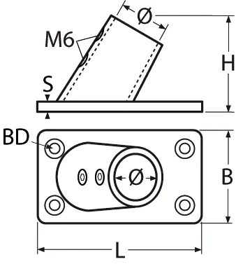 Relingfuß mit rechteckiger Grundplatte, 60° – 81x48mm, für Rohr 25mm, schwarz matt - Bild 2