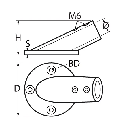 Relingfuß mit runder Grundplatte, 30° – 70mm, für Rohr 25mm, schwarz matt - Bild 2